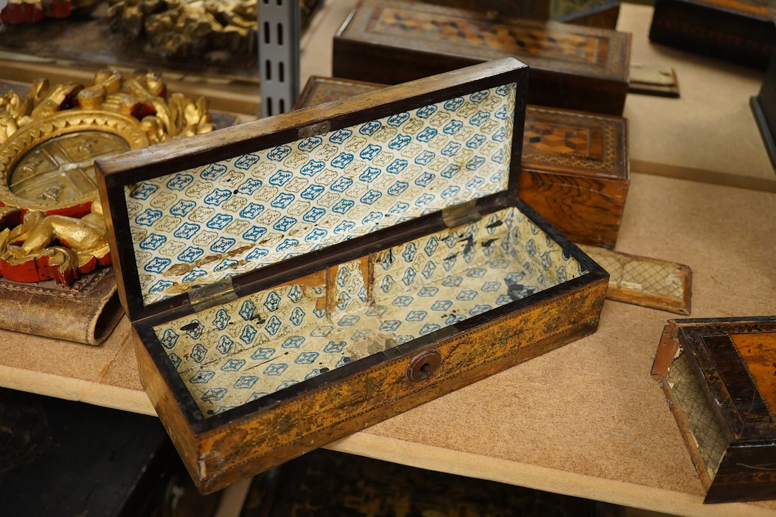 Tunbridge ware - two cribbage board boxes, a sewing box with accessories and another box, largest 26cm wide